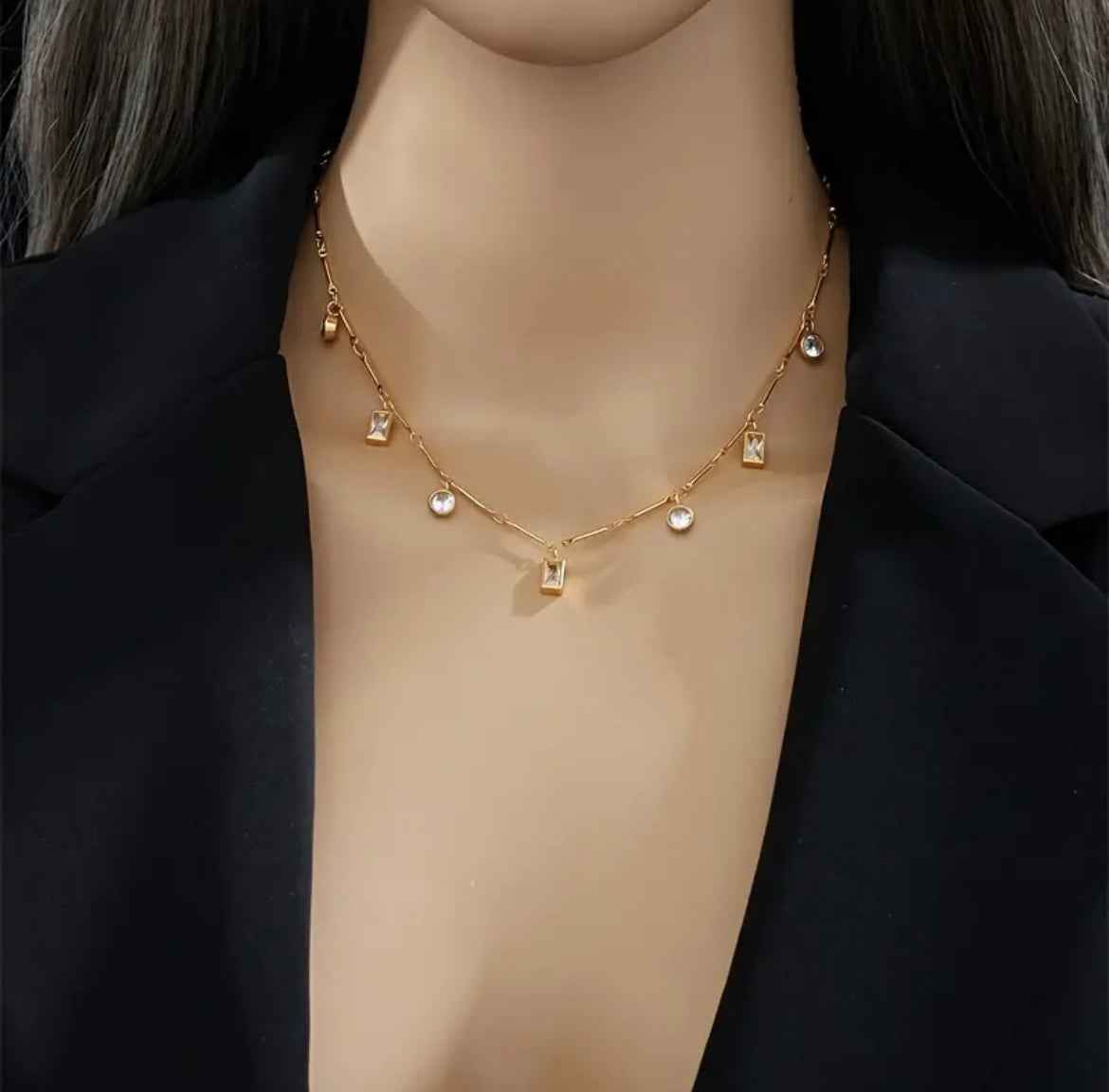 Stylish Stainless Steel Gold Pendant Necklace with Rhinestone Accents