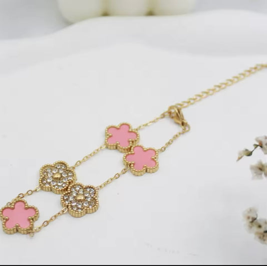 Pink & Golden Stainless Steel Clover Bracelet