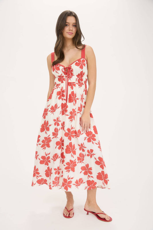 Alana Floral Sweetheart Front Tie with Cutout Midi Dress