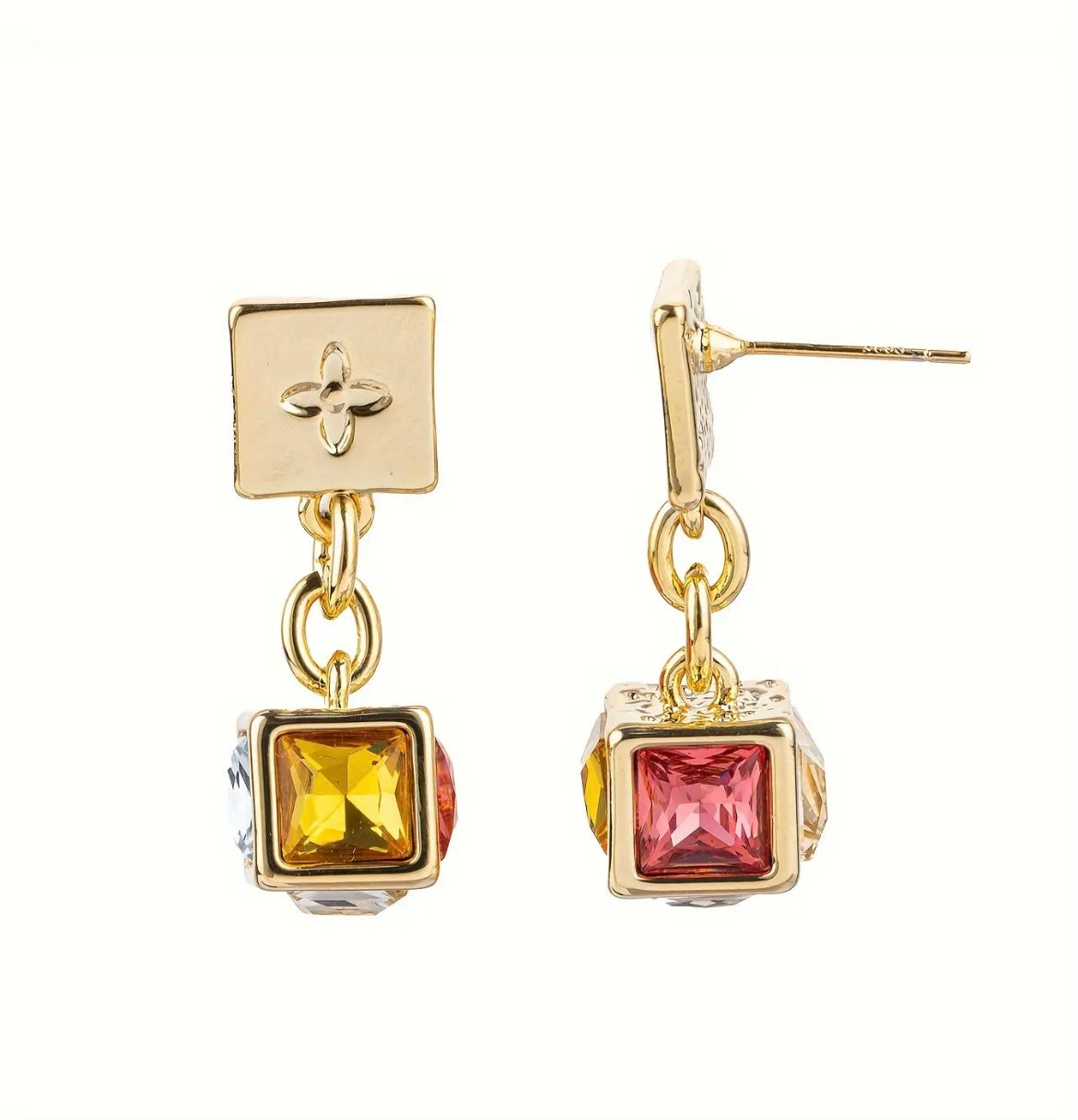 Vintage Elegant Square Two-Tone Inlay 14K Golden Plated Earrings