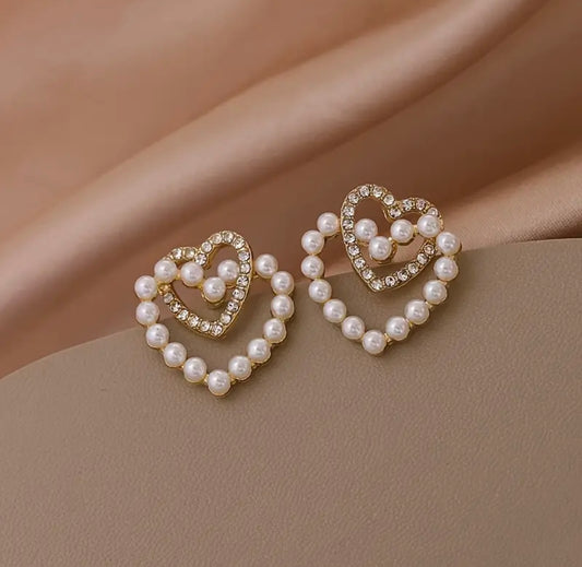 Simple Double Love Faux Pearl Earrings 18K Gold Plated Jewelry