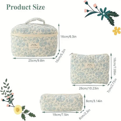 3 Pcs Cotton Quilted Makeup Bag Set, Floral Cotton Cosmetic Bag - Cosmetic Bag - essecoco