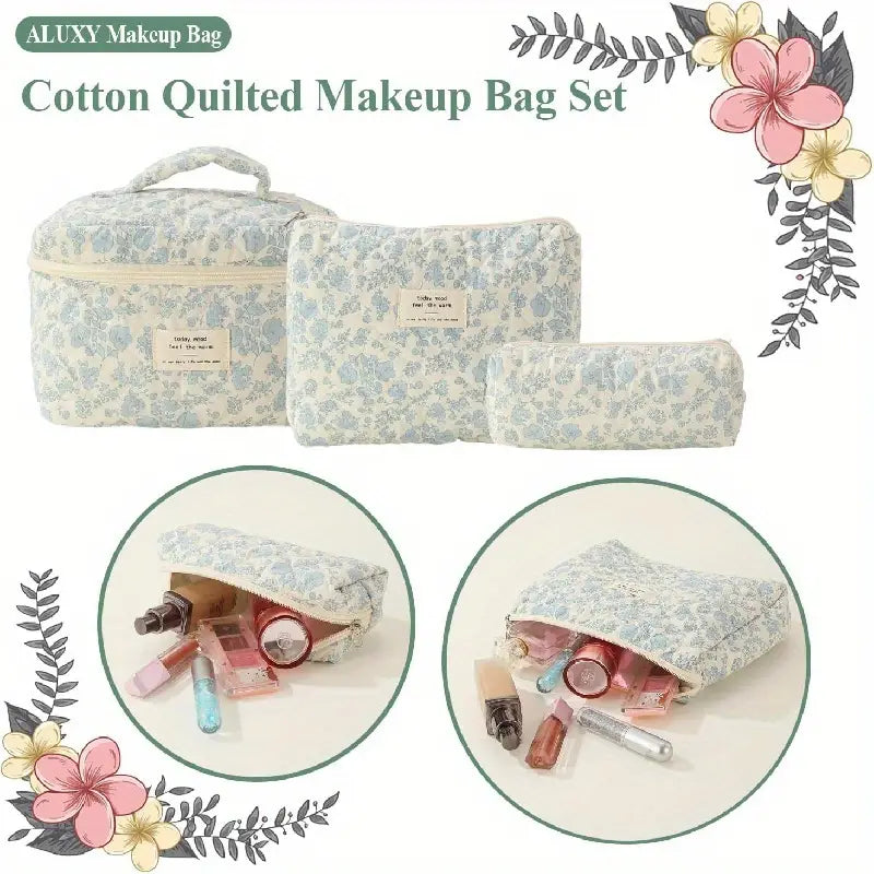 3 Pcs Cotton Quilted Makeup Bag Set, Floral Cotton Cosmetic Bag - Cosmetic Bag - essecoco