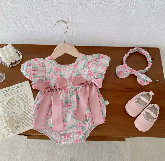 Sweet Pink Roses Puff Sleeve Baby Romper