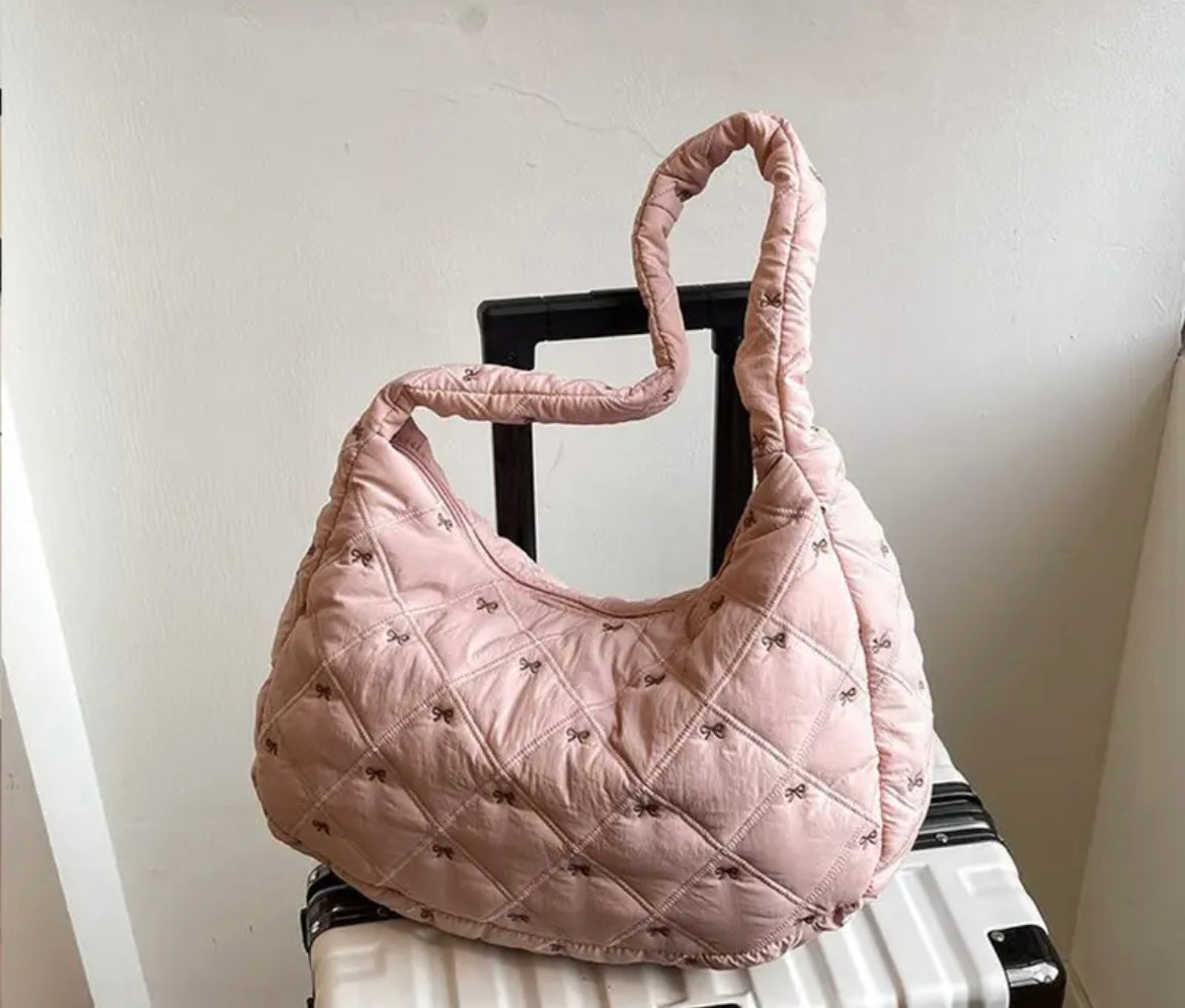 Pink Bow Quilted Shoulder Bag