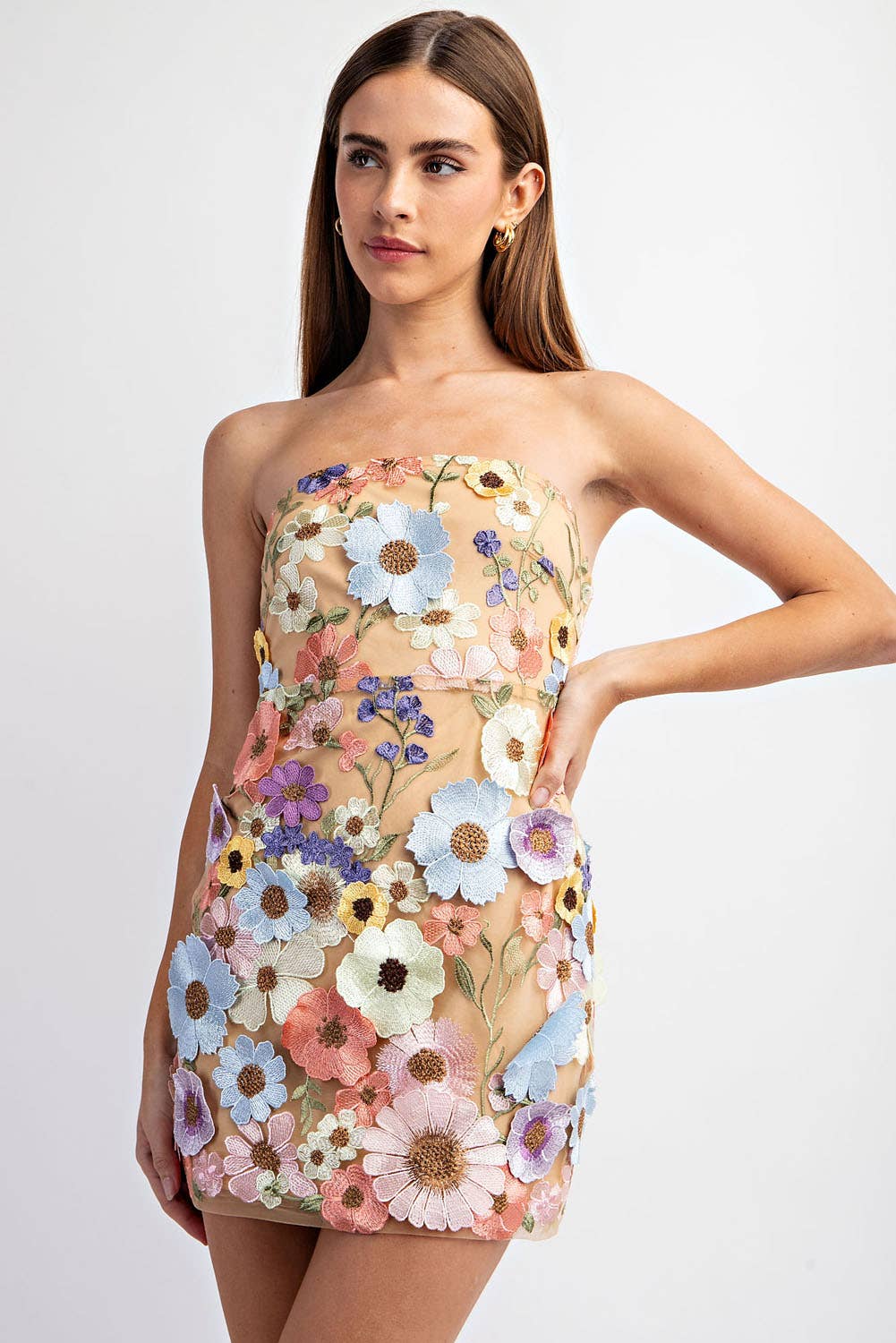 Ariel Flower 3D Embroidery Tube Mini Dress - Dresses - essecoco