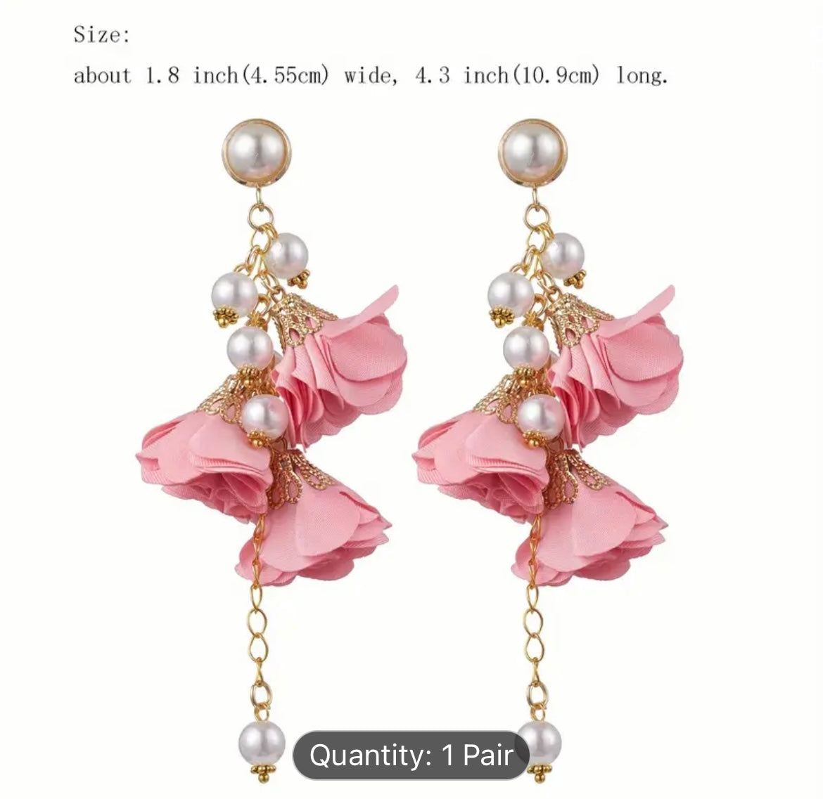 Pink Fabric Flower Dangle Pearl Earrings
