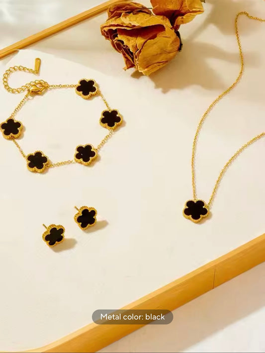 3 Piece Golden Stainless Steel Black Clover Necklace