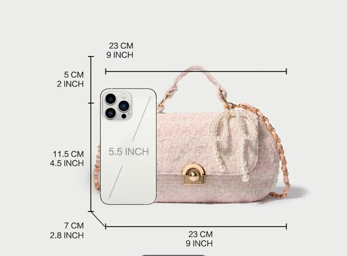 Elegant Pink Tweed Chain Crossbody Bag with Pearl Bow Accent