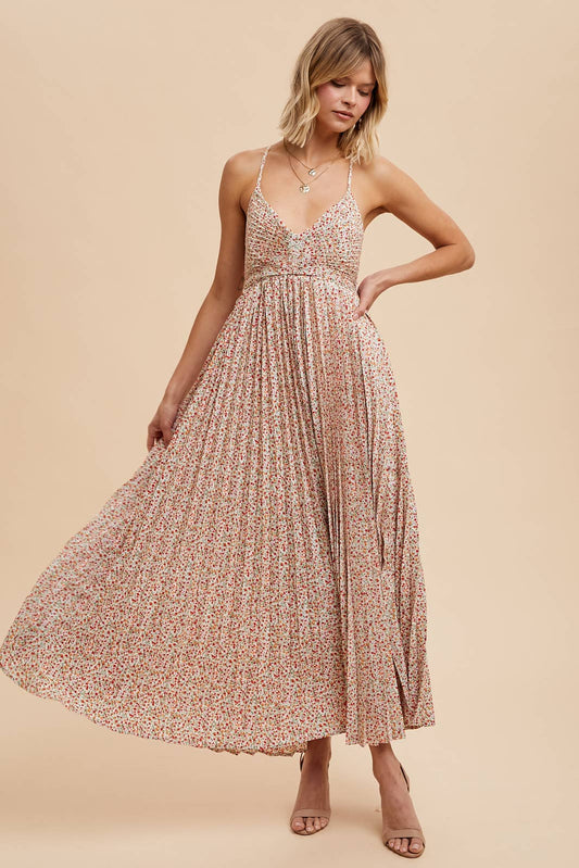 Calani Pleated Floral Maxi Dress - Maxi Dresses - essecoco