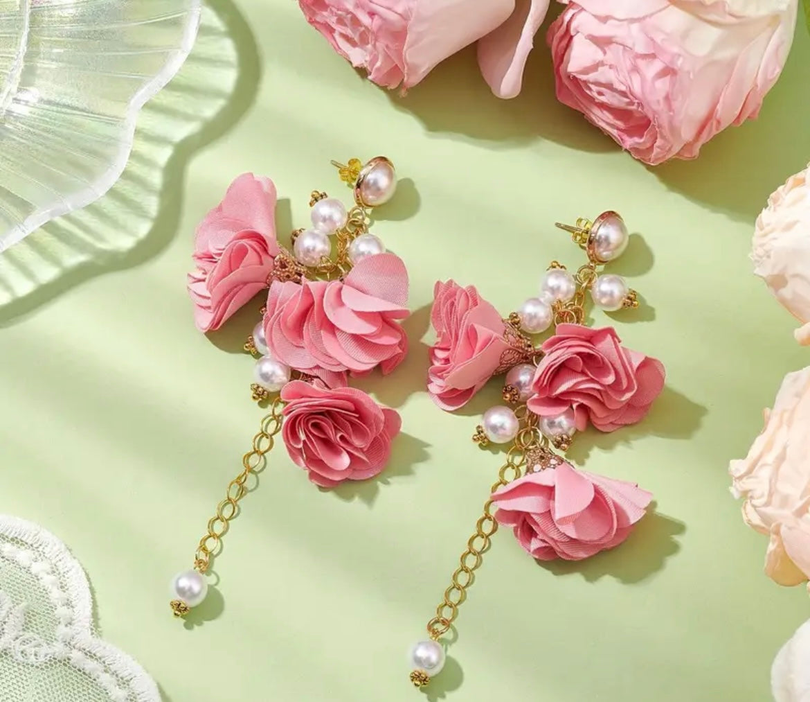 Pink Fabric Flower Dangle Pearl Earrings