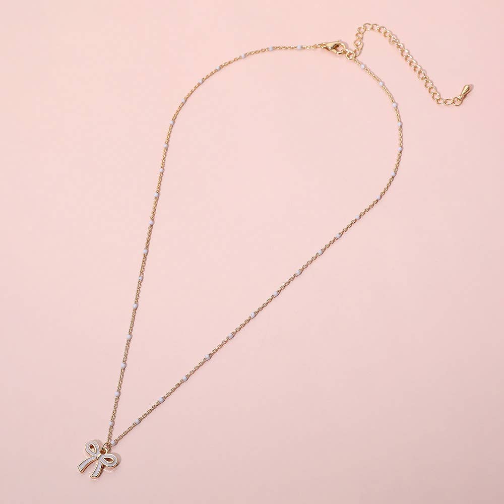 Pink Enamel Bow Pendant Necklace