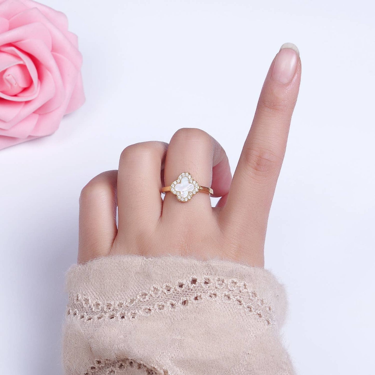 Dainty Pearl Clover Floral Micro Pave Gold Quatrefoil Ring - - essecoco