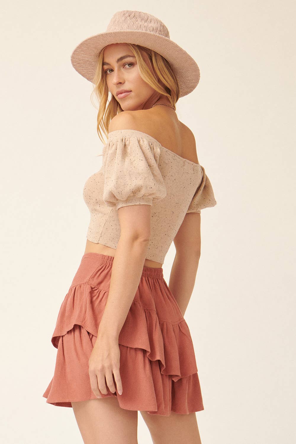 Addy Speckled Rib Knit Off Shoulder Puff Crop Sweater - Sweater Crop Top - essecoco