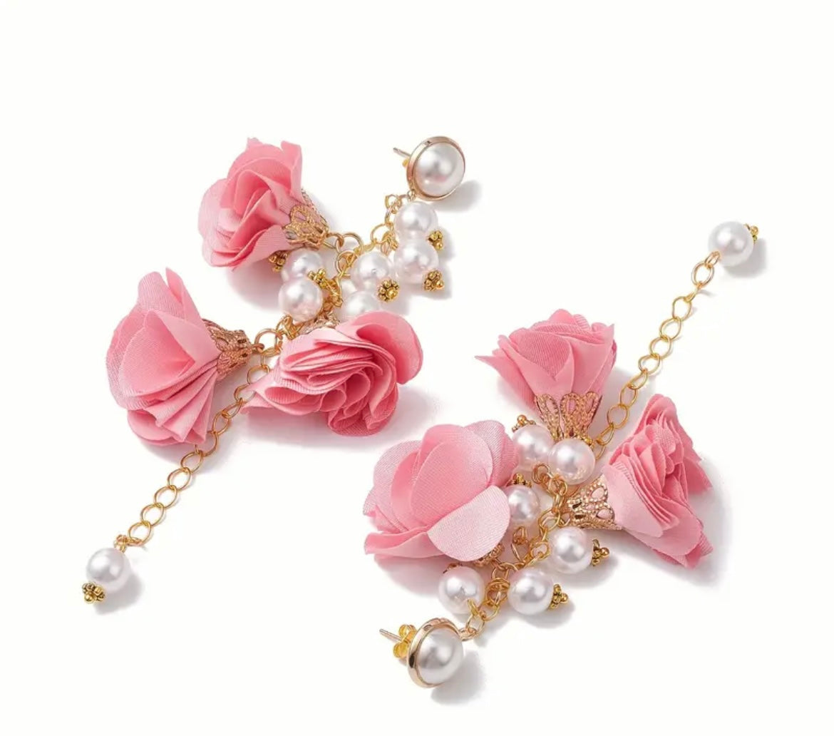 Pink Fabric Flower Dangle Pearl Earrings