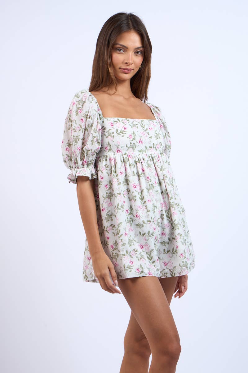 Ashley Floral Print Puff Sleeve Mini Romper -  - essecoco