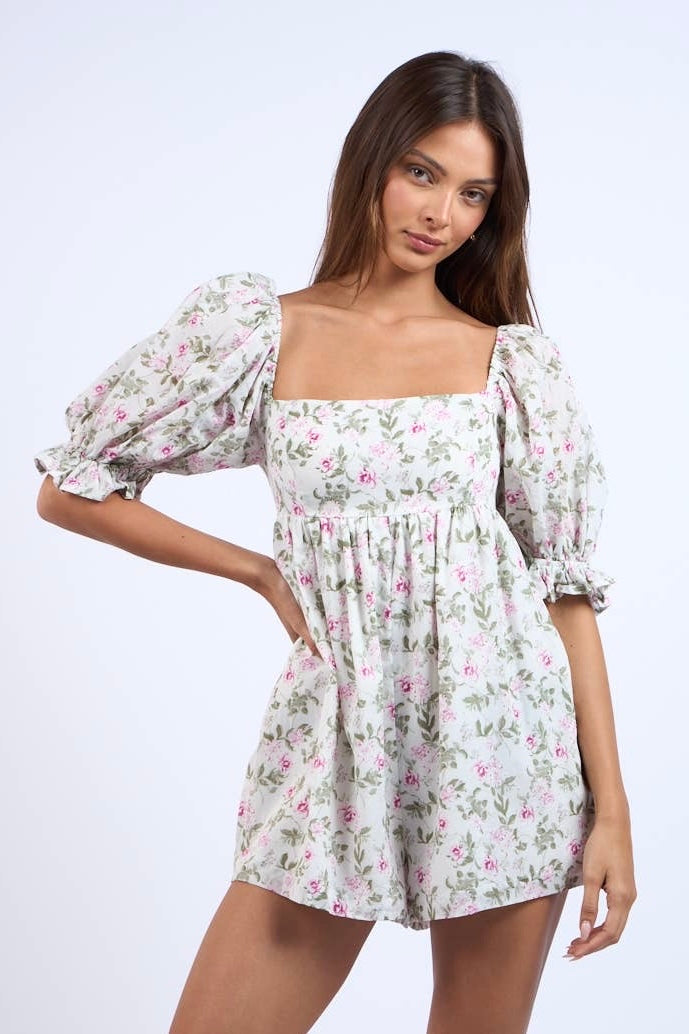 Ashley Floral Print Puff Sleeve Mini Romper - - essecoco