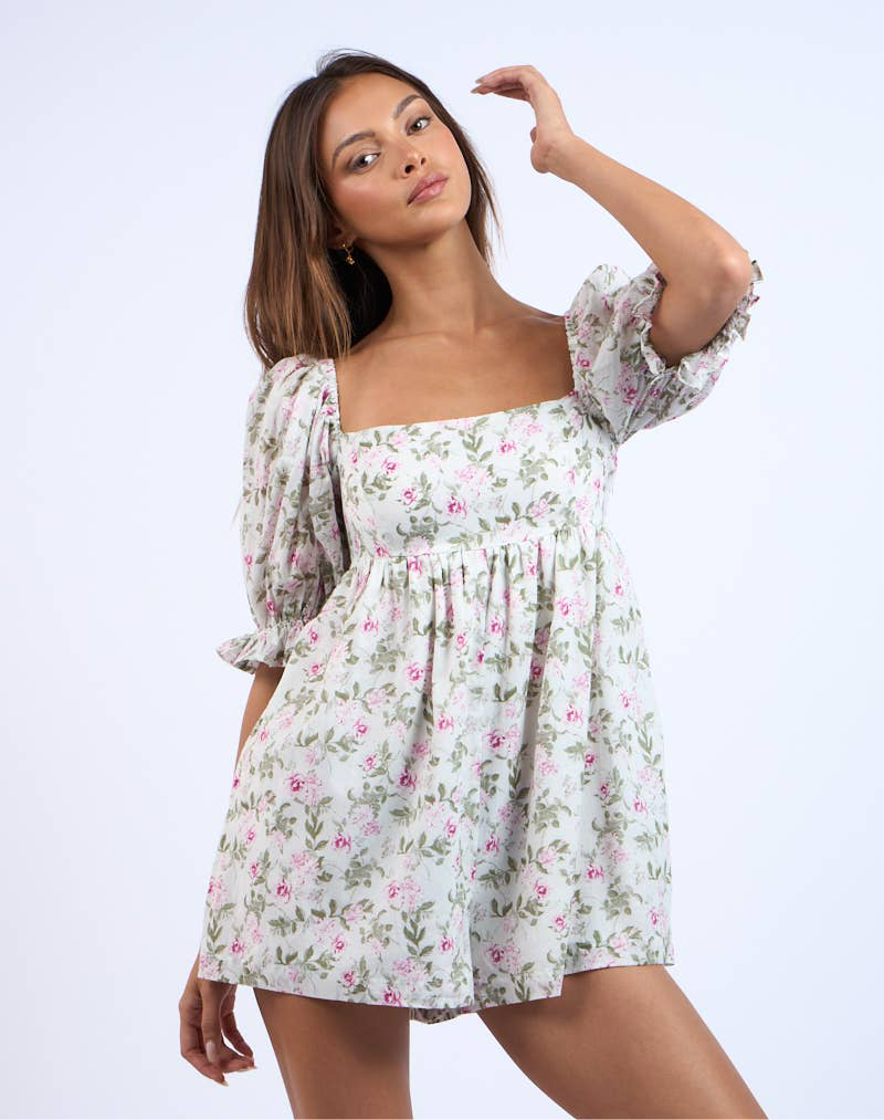 Ashley Floral Print Puff Sleeve Mini Romper -  - essecoco