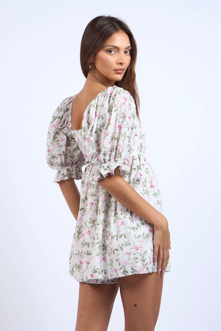 Ashley Floral Print Puff Sleeve Mini Romper -  - essecoco