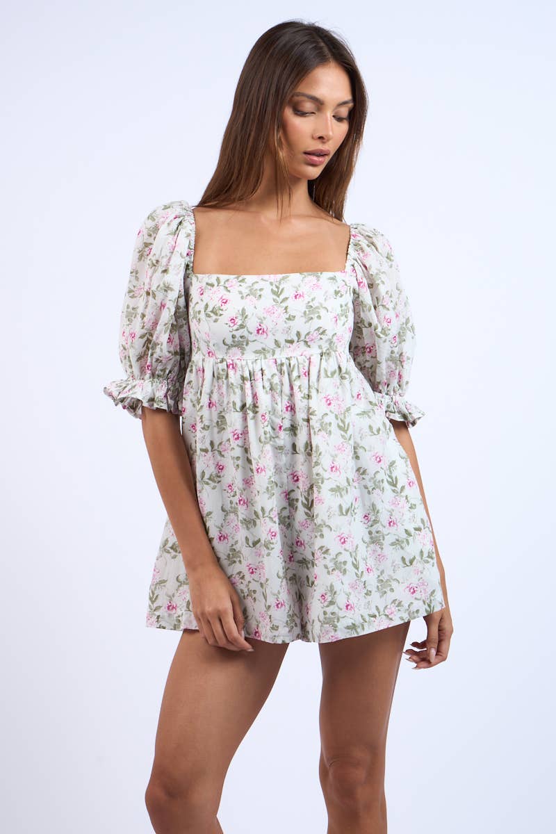 Ashley Floral Print Puff Sleeve Mini Romper -  - essecoco