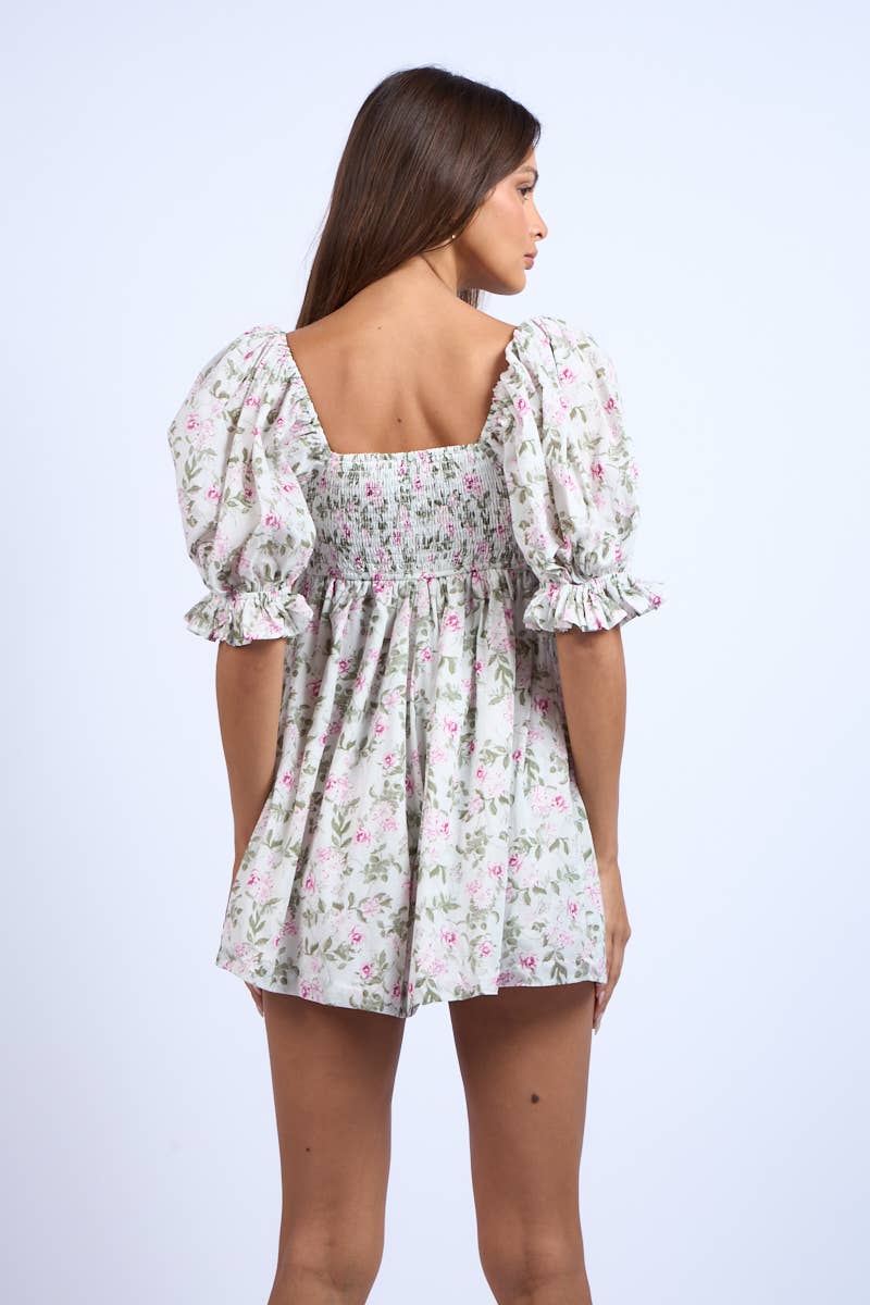Ashley Floral Print Puff Sleeve Mini Romper - - essecoco