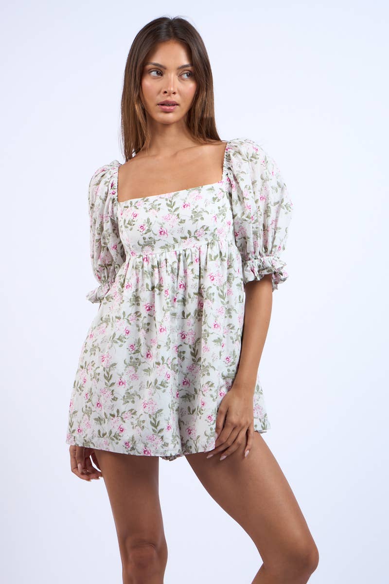 Ashley Floral Print Puff Sleeve Mini Romper -  - essecoco