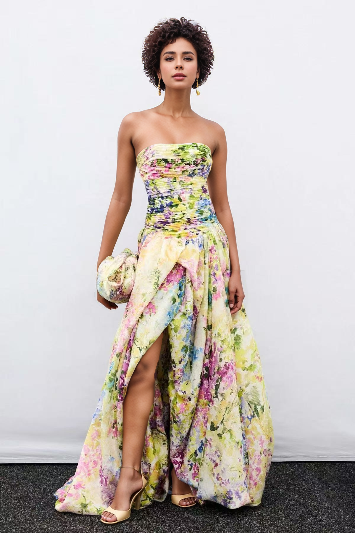 Ava Strapless Watercolor Printed High Slit Maxi Dress for Women