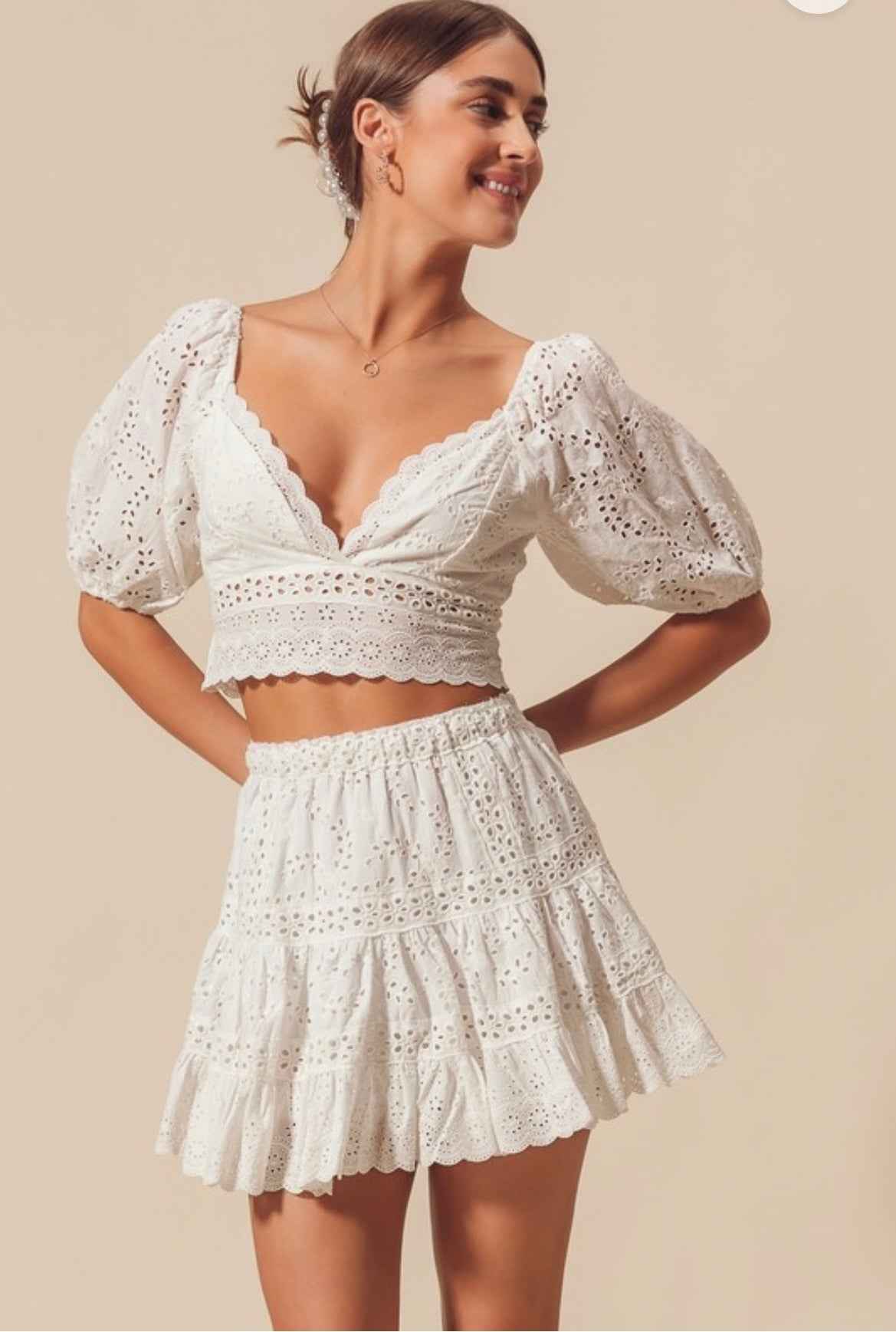Avery White Eyelet Top & Skirt Set