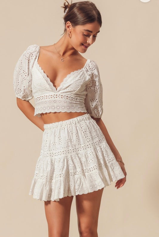 Avery White Eyelet Top & Skirt Set - Two Piece Sets - essecoco