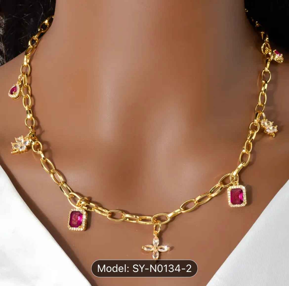 Charm Necklace Sparkling Clover & Red Zirconia Geometric Charms, Exquisite Vintage 18K Gold Plated
