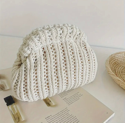 Ivory Hollow-Out 90s Classic Bag Chic Mini Vintage Knit Handbag - clutch