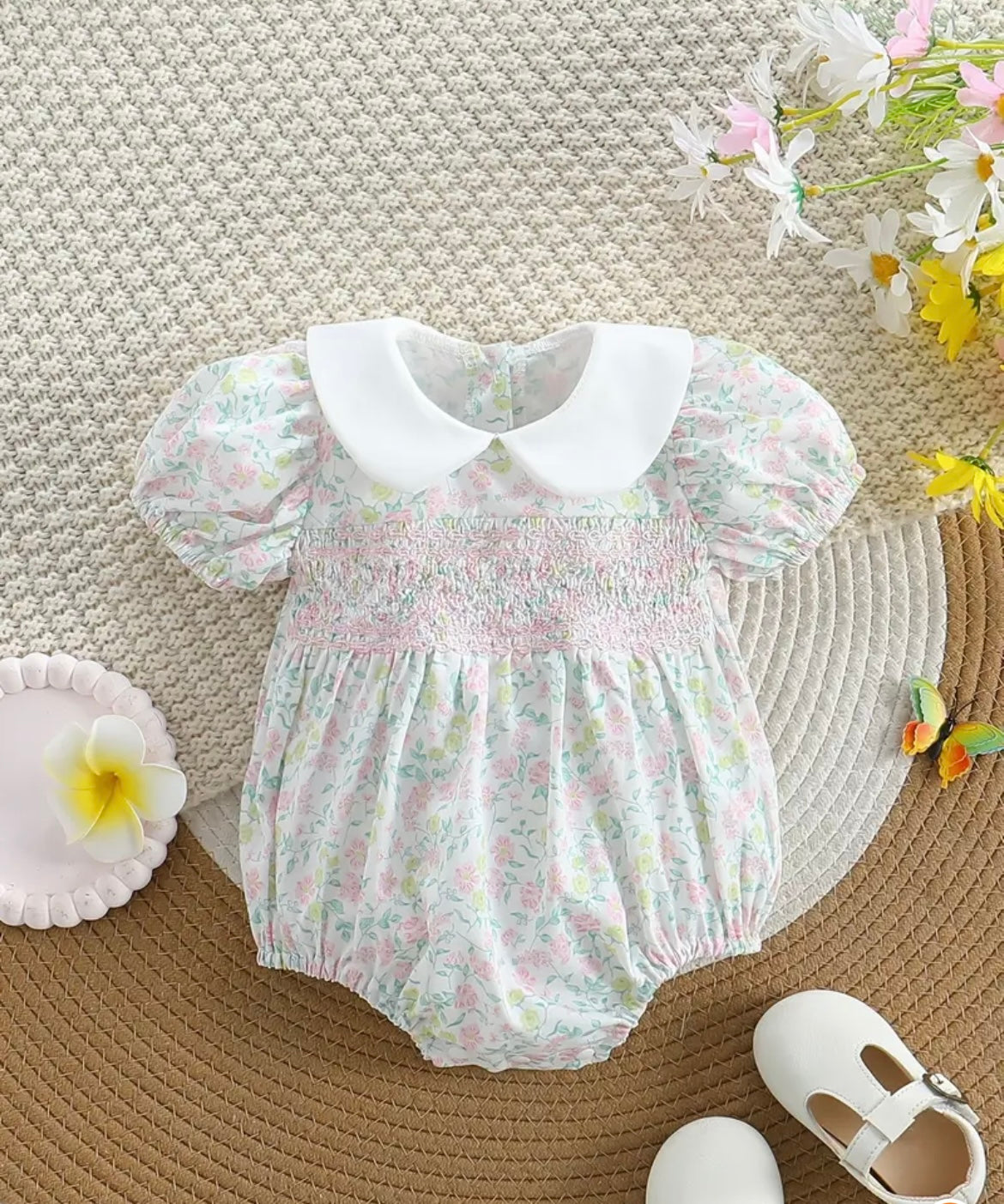 Sweet Smocked Puff Sleeve Baby Romper 6-12mo