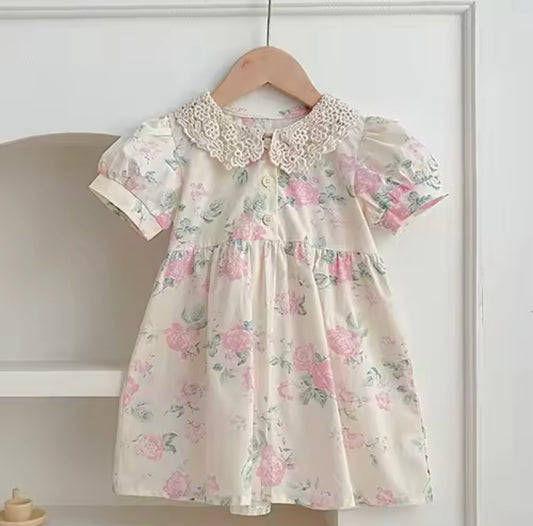 Sweet Spring Roses Crochet Collar Puff Sleeve Baby Romper