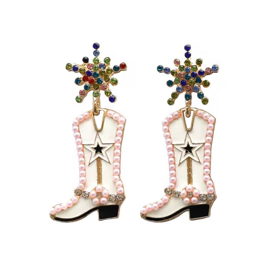 Crystal Pearls Cowboy Boots Earrings