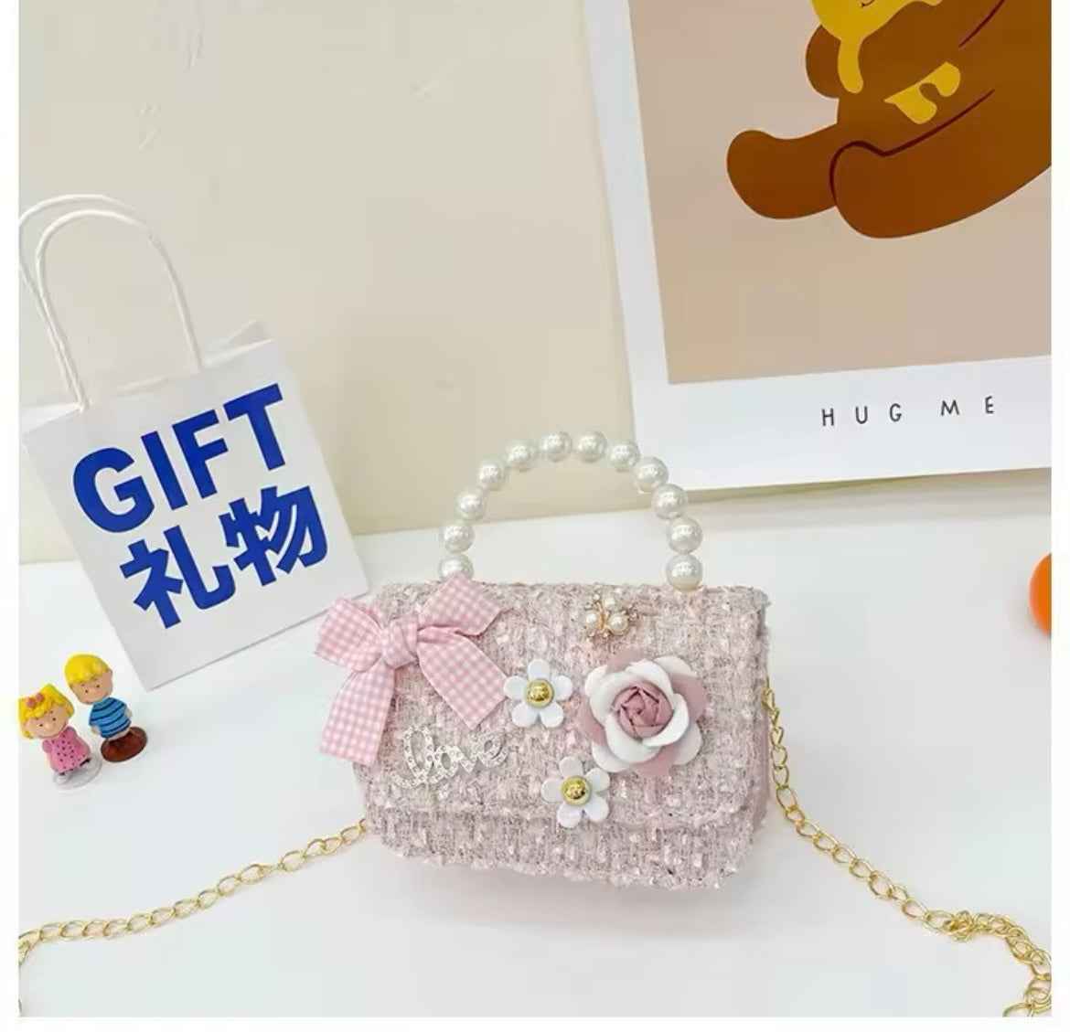 Kids Fanciful Pink Tweed Bows & Camelia Bag