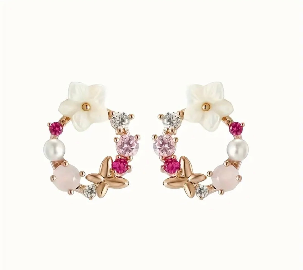 Elegant Cherry Blossom & Zircon Butterfly Stud Earrings -  - essecoco