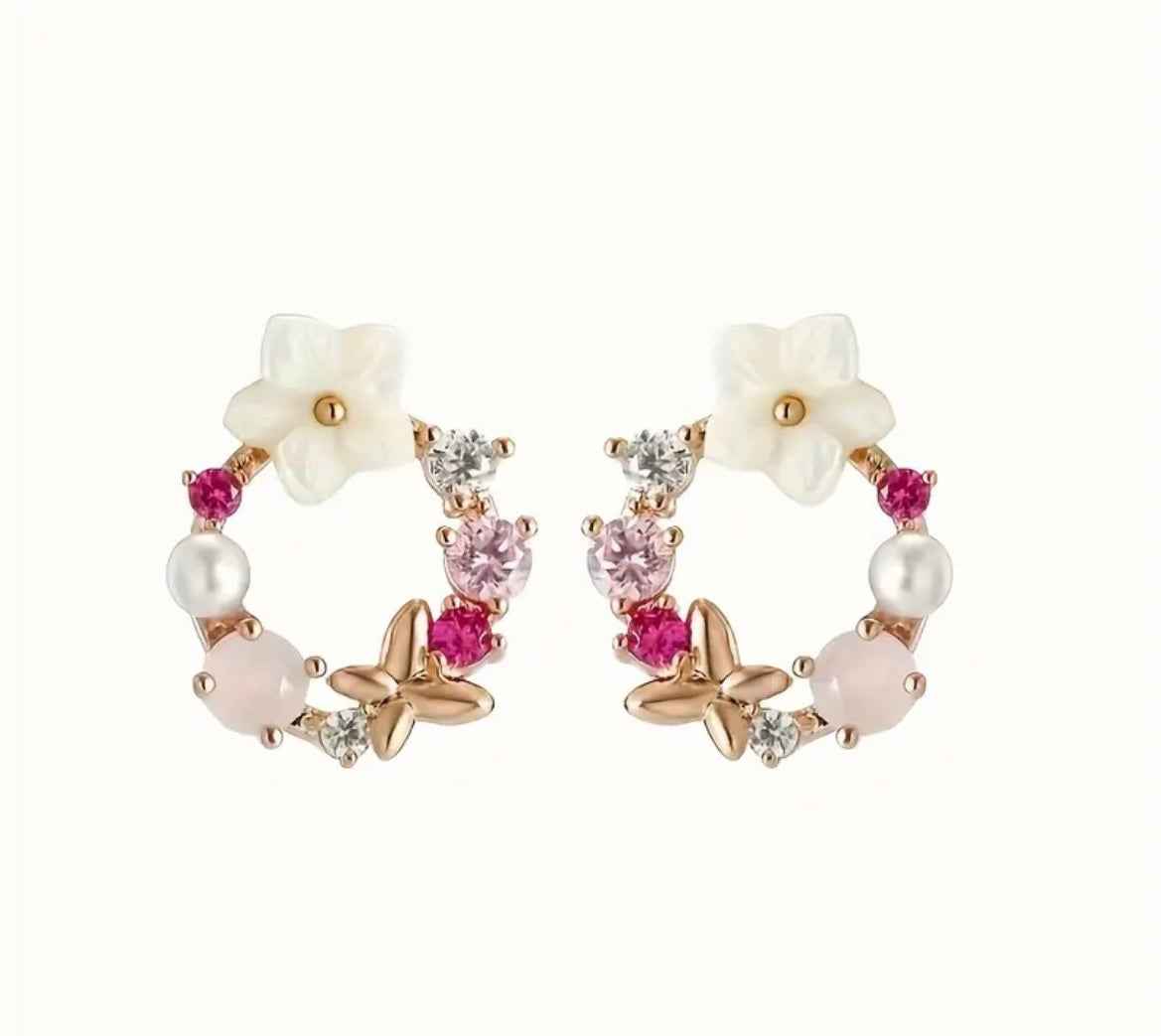 Elegant Cherry Blossom & Zircon Butterfly Stud Earrings