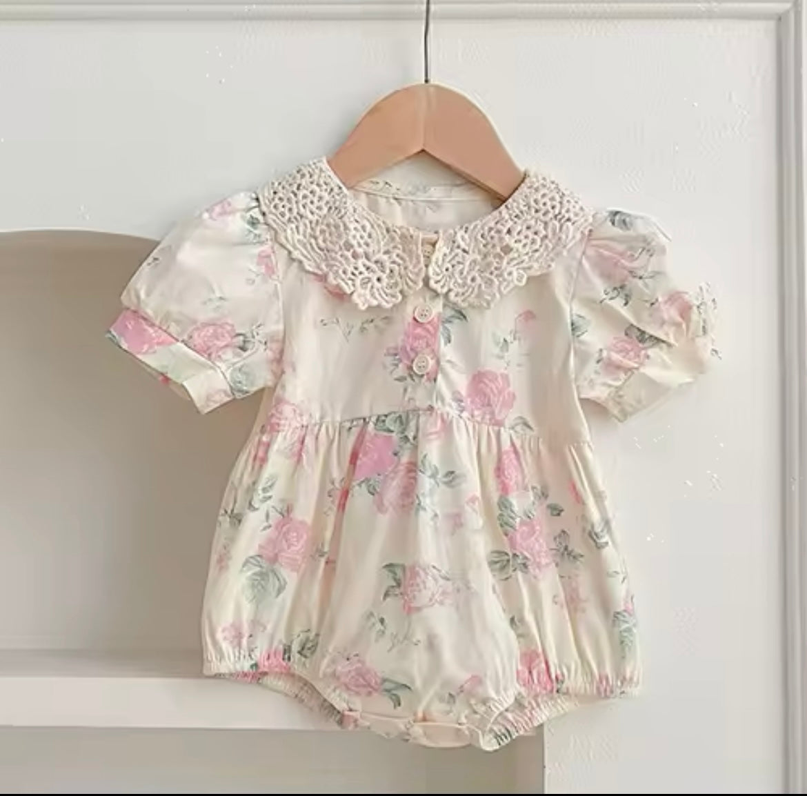 Sweet Spring Roses Crochet Collar Puff Sleeve Baby Romper