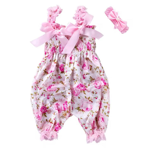 Pink Roses Baby Satin Romper & Bow Headband