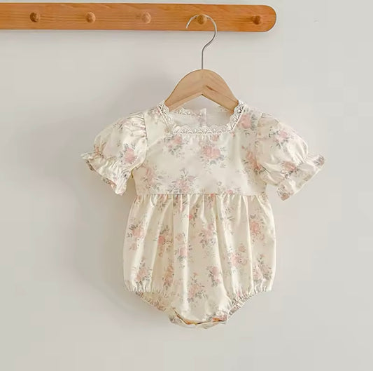 Pink Roses Smocked Puff Sleeve Baby Romper