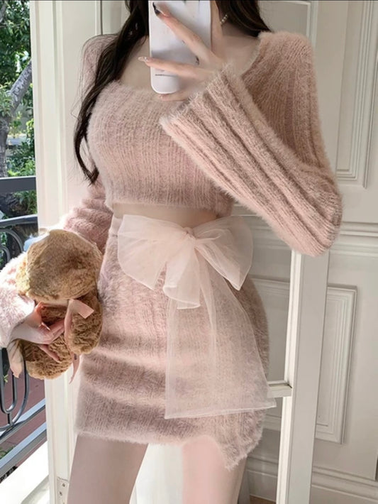 Lacy Fuzzy Sweater Set - Sweater Set - essecoco