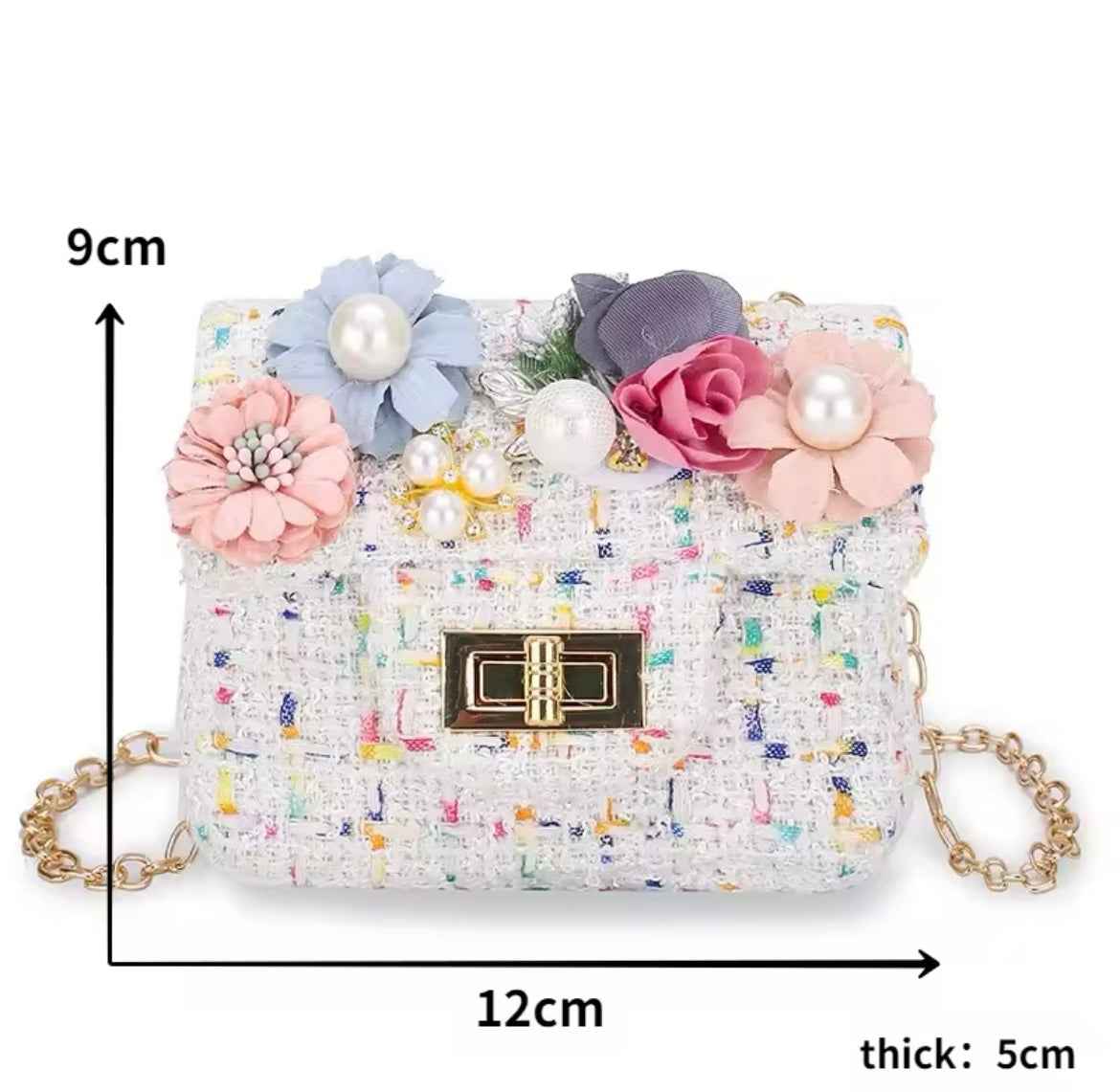 Fanciful Pearl & Flowers Tweed Kids Bag Pink