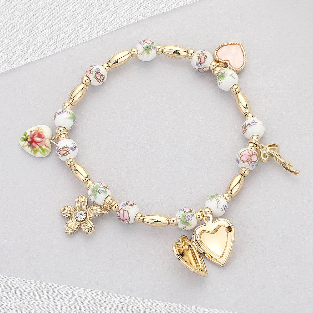 Heart Locket Flower Bow Charm Station Stretch Bracelet