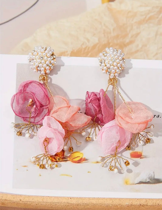 Fabric Flower Petal Pearl Rhinestone Dangle Earrings - Flower Pearl Earrings - essecoco