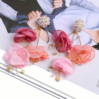 Fabric Flower Petal Pearl Rhinestone Dangle Earrings - Flower Pearl Earrings - essecoco