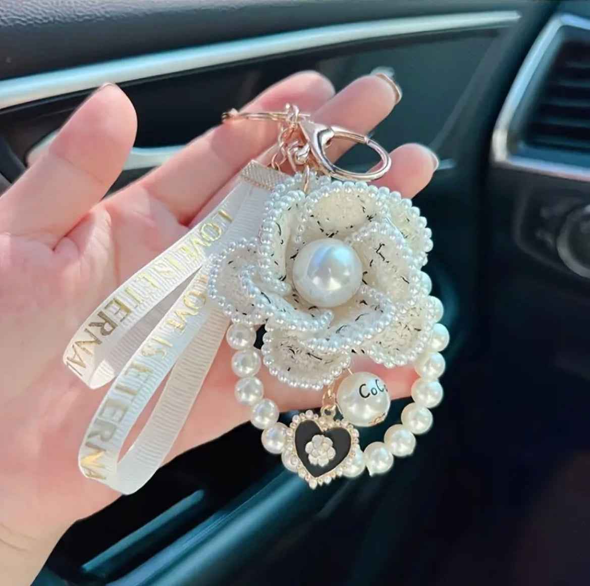 Pearl Element Handmade Fabric Camellia Keychain, Handbag Charms
