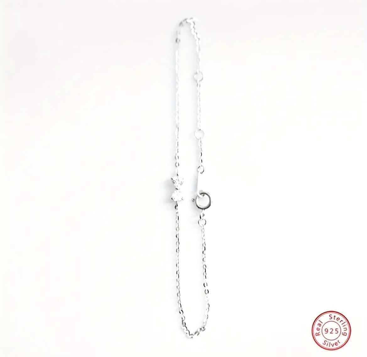 925 Silver Thin Chain Bow Bracelet Inlaid Shiny Zircon