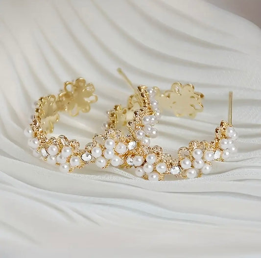 Pearl Daisy Flower Hoop Earrings Inlay - Pearl Hoop Earrings - essecoco
