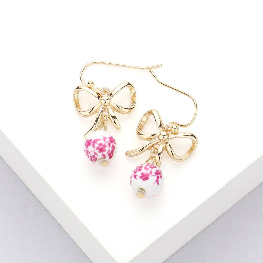 Metal Bow Floral Ceramic Ball Dangle Earring