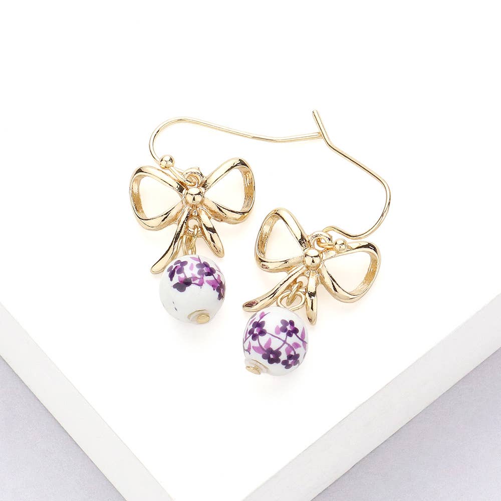 Metal Bow Floral Ceramic Ball Dangle Earring